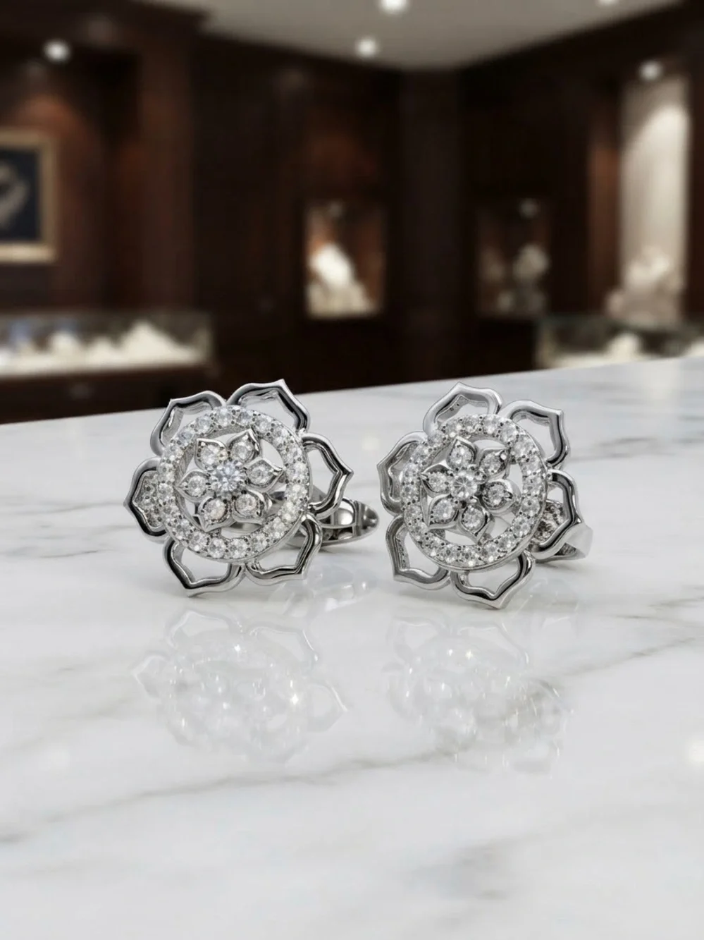 Empty Closet Silver Floral Crystal Stud Earrings - Pink Card